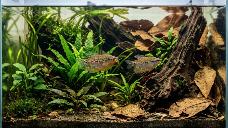 un acuario tranquilo de aguas quietas con madera, hojas secas al fondo y gouramis nadando entre plantas
