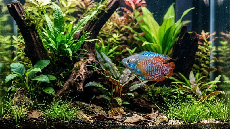 un gurami enano macho de colores intensos en un acuario bien plantado con muchos escondites
