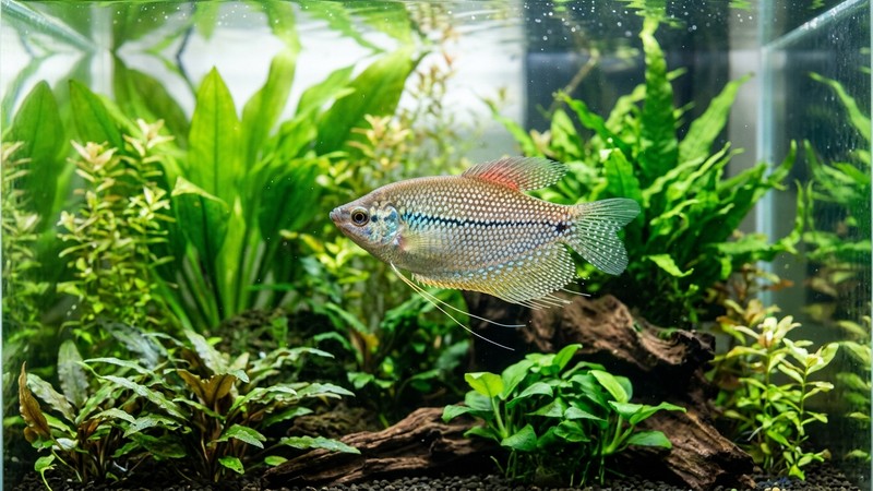 un gurami perla nacarado nadando tranquilo en un acuario plantado y luminoso
