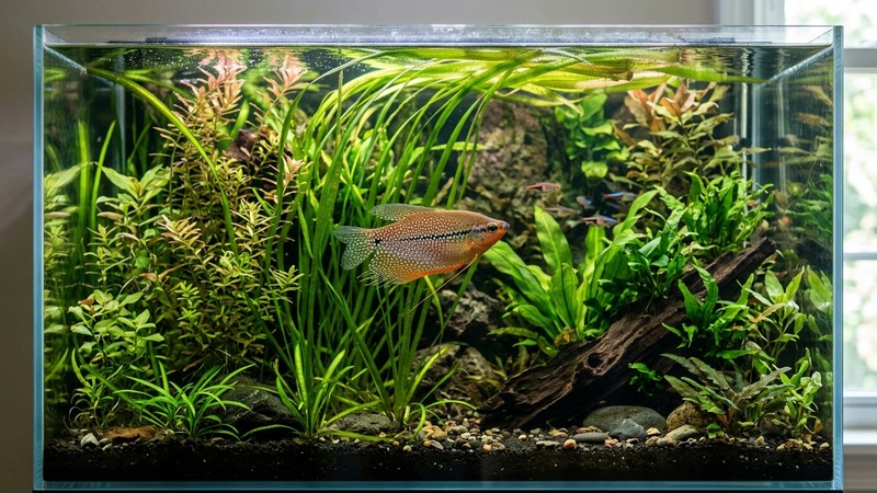 un acuario grande y muy plantado con un gurami perla nadando entre plantas altas