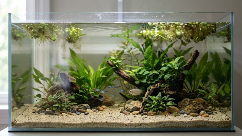 un acuario de agua muy tranquila con plantas flotantes cubriendo parte de la superficie