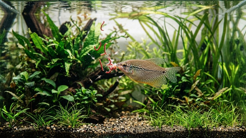 un gurami comiendo comida viva y congelada como larva roja y artemia en un acuario plantado