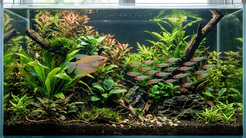 un acuario comunitario pacífico con un gurami y un cardumen de pequeños tetras entre plantas