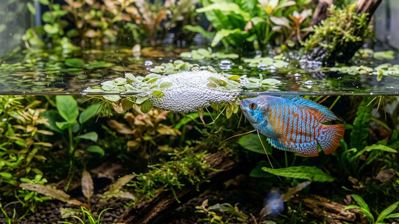 un gurami macho junto a un nido de burbujas flotando en la superficie de un acuario plantado
