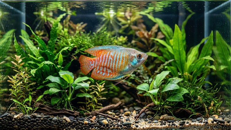 un gurami enano sano y de colores vivos en un acuario limpio de agua cristalina