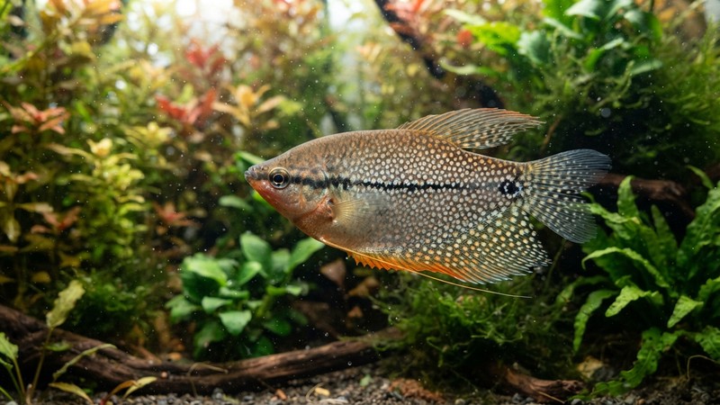 un gurami perla nadando de perfil en un acuario, mostrando su cuerpo alto y comprimido cubierto de un mosaico de reflejos perlados y la línea oscura horizontal que recorre su flanco, sobre fondo de plantas acuáticas