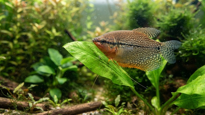 las aletas ventrales filamentosas de un gurami perla, dos hilos largos y finos colgando hacia adelante mientras el pez palpa una hoja verde, en un acuario plantado de aguas claras