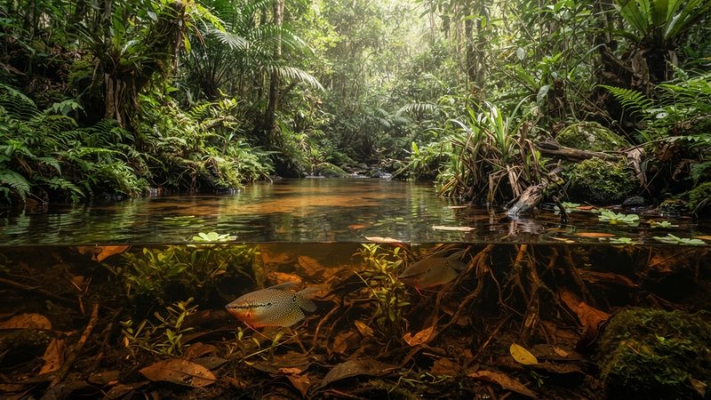 un arroyo tropical tranquilo del sudeste asiático con abundante vegetación, aguas quietas de tono ámbar y luz filtrada entre hojas, evocando el hábitat natural del gurami perla
