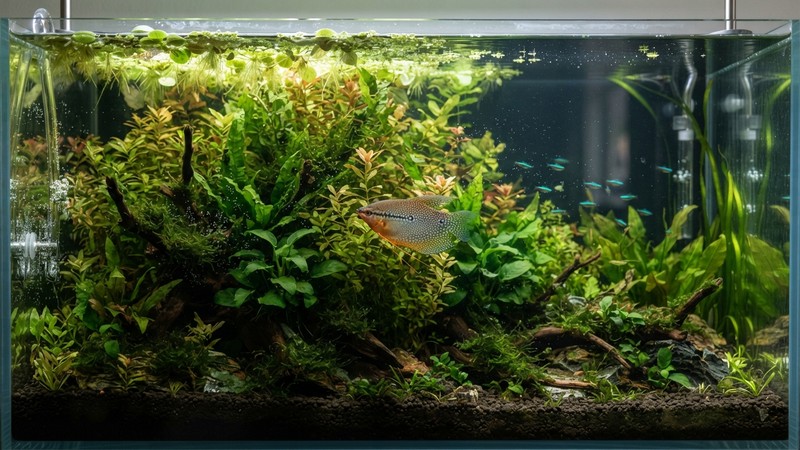 un acuario comunitario amplio y densamente plantado con plantas flotantes cubriendo parte de la superficie, luz suave y tamizada, agua cristalina y un gurami perla entre la vegetación