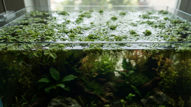 la superficie de un acuario plantado cubierta de plantas flotantes verdes que tamizan la luz, creando sombras suaves sobre el agua tranquila, ambiente sereno de acuario sano