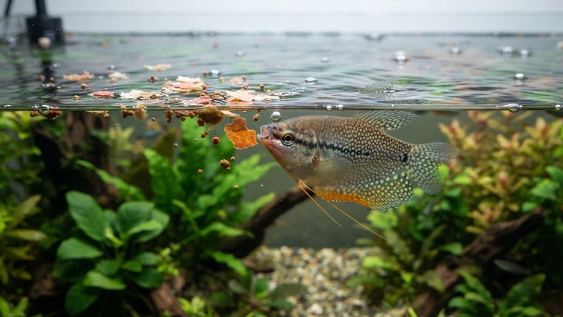 escamas y gránulos de comida para peces flotando en la superficie tranquila de un acuario mientras un gurami perla se acerca a comer desde arriba, agua clara y plantas al fondo