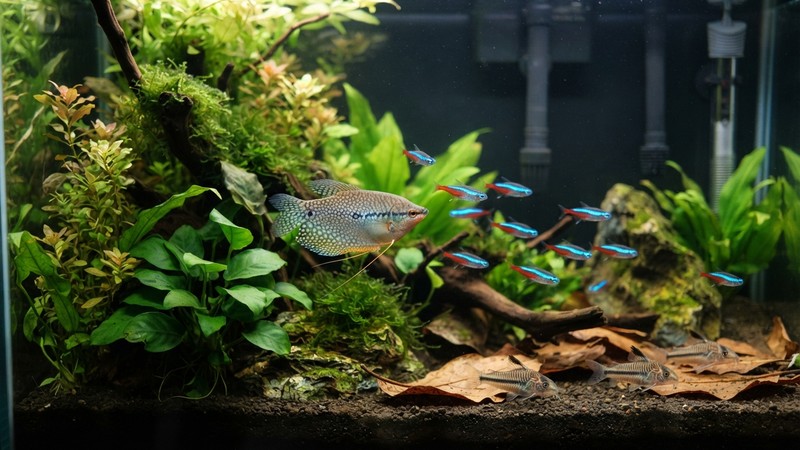 un acuario comunitario pacífico con un gurami perla junto a pequeños tetras y corydoras de fondo, entre plantas verdes y agua cristalina, ambiente armonioso y sano
