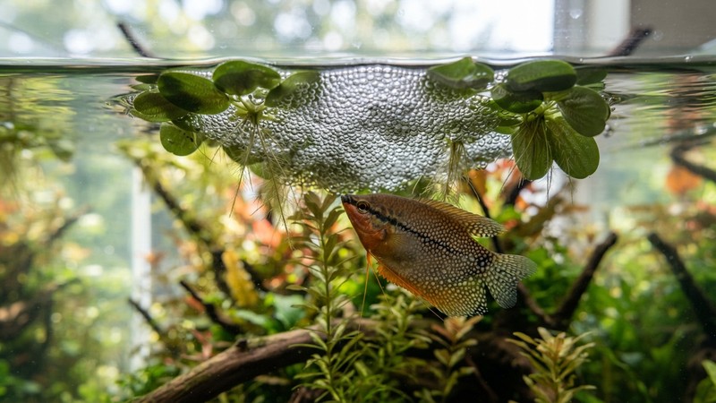 un nido de burbujas de un gurami perla flotando en la superficie de un acuario al abrigo de una planta flotante, burbujas brillantes agrupadas y el macho custodiando debajo, agua cristalina