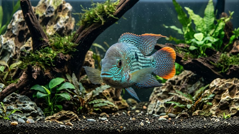 un green terror adulto de brillos verde turquesa metálico con motas azuladas, nadando majestuoso en un acuario amplio de agua cristalina con rocas y troncos al fondo, vista frontal completa