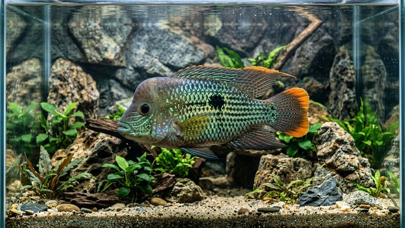 un green terror de cuerpo robusto y alto con la cabeza grande, de perfil, en un acuario espacioso de agua muy clara con fondo de rocas