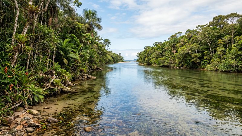 un río costero cálido y tranquilo de aguas claras con vegetación en las orillas, ambiente natural sudamericano