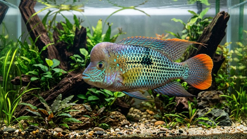 un green terror macho adulto con la joroba o giba nucal prominente en la frente, de perfil, en un acuario amplio de agua cristalina