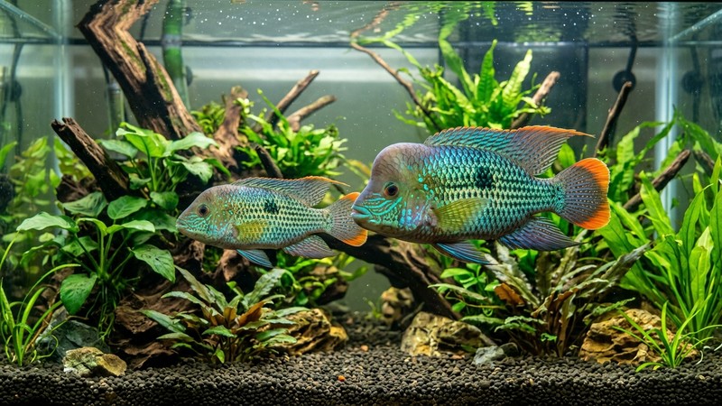 dos green terror juntos donde el macho es notablemente mayor y más colorido que la hembra, ambos sanos en un acuario espacioso
