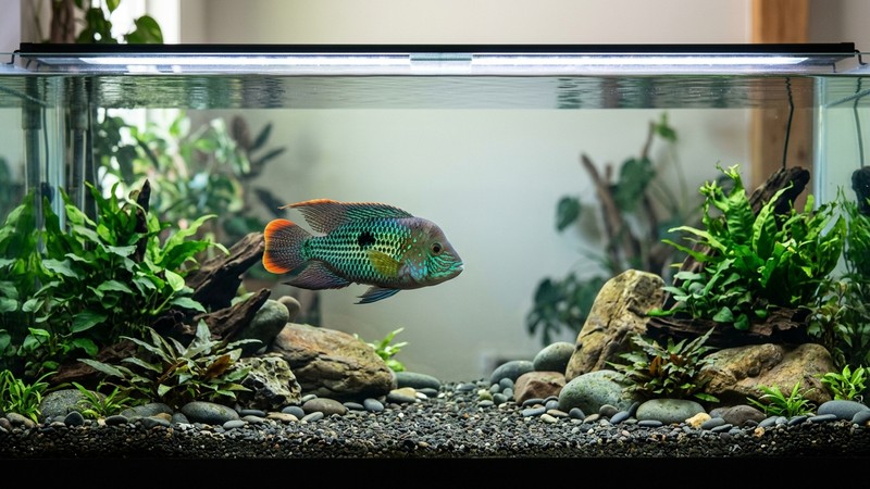 un acuario muy grande de gran volumen con un solo green terror vistoso desplazándose despacio, mucho espacio abierto y agua cristalina