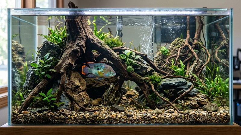 un acuario robusto decorado con grandes rocas, troncos y raíces creando cuevas y escondites, con un green terror entre la decoración y sustrato de grava