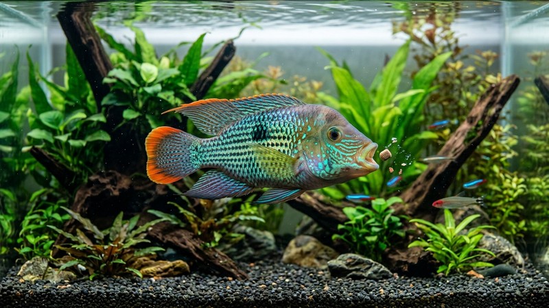 un green terror sano y vigoroso capturando alimento en un acuario muy limpio, colores encendidos y agua transparente