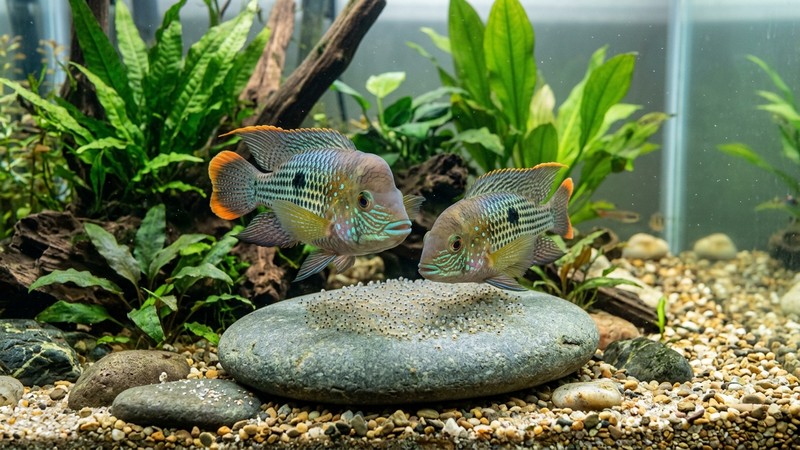 una pareja de green terror junto a una piedra plana limpia con una puesta de huevos, cuidando el desove en un acuario espacioso de agua clara