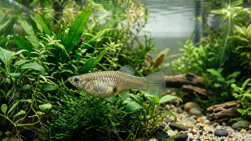 una hembra de guppy de vientre abultado descansando entre hojas de plantas acuáticas en un rincón tranquilo del acuario, con agua clara y luz suave