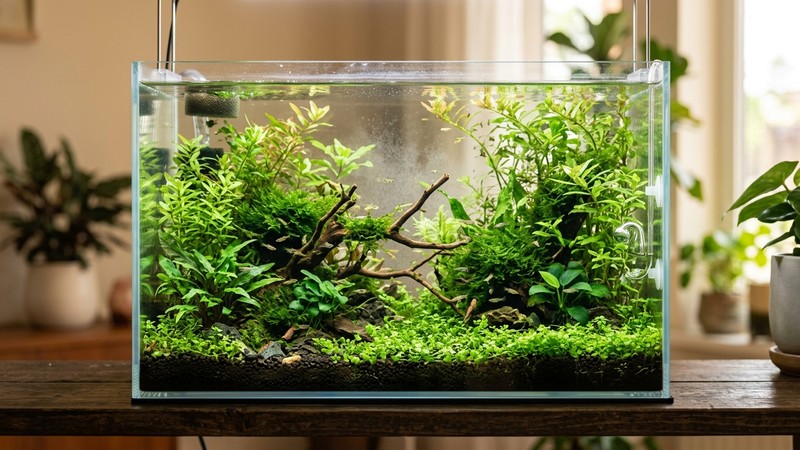 un pequeño acuario de cría plantado y tranquilo, con agua cristalina, plantas verdes sanas y una iluminación cálida y estable, sin peces adultos grandes