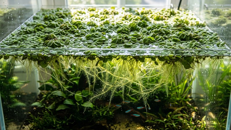 una capa densa de plantas flotantes, como lenteja de agua y Salvinia, cubriendo la superficie del agua de un acuario, con raíces colgando y luz filtrándose entre ellas