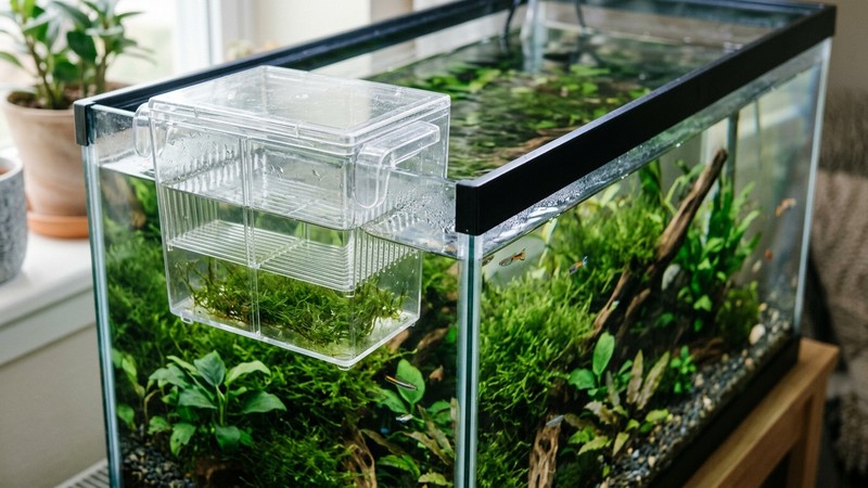 una caja paridera de plástico transparente en reposo, colgada en el borde interior de un acuario limpio con agua cristalina y algo de musgo verde dentro