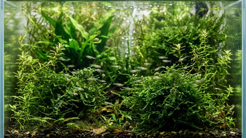 varios alevines diminutos de guppy nadando entre matas de musgo de Java y plantas finas, en un acuario de cría con agua transparente