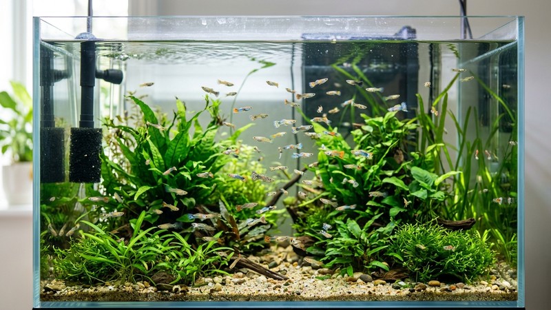 un acuario de engorde amplio y luminoso con jóvenes guppys de distintos colores empezando a desarrollarse entre plantas verdes y agua muy limpia