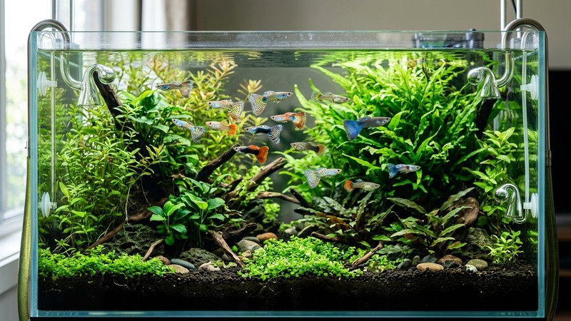 un acuario plantado impecable con agua totalmente cristalina, plantas verdes exuberantes y varios guppys sanos nadando relajados