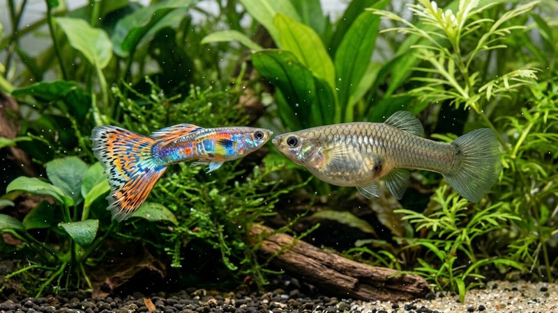 un guppy macho esbelto y muy colorido junto a una hembra más grande de tono apagado y vientre redondeado, ambos nadando cerca en un acuario plantado con agua clara