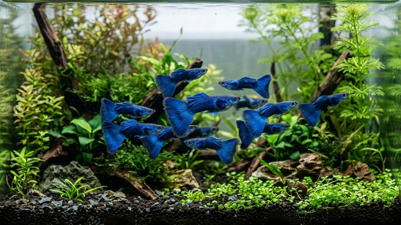 un grupo de guppys de una línea seleccionada, de color azul intenso y uniforme y colas armoniosas, nadando en un acuario plantado de agua cristalina