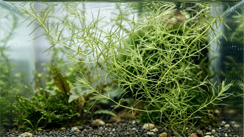 un primer plano de los tallos ramificados y las hojas finas verde claro de la Najas guadalupensis dentro del agua cristalina de un acuario