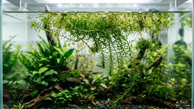 una porcion de guppy grass flotando libre en la superficie de un acuario, con sus tallos colgando hacia abajo y luz suave filtrandose por encima