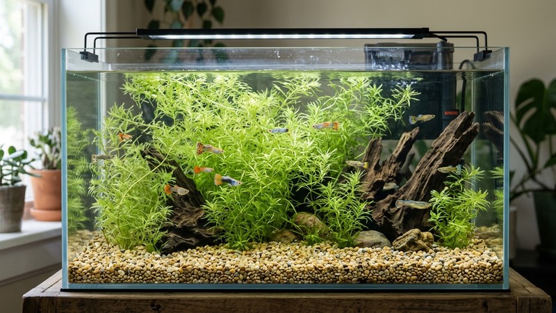 un acuario nuevo recien plantado con abundante guppy grass verde clara y agua perfectamente cristalina, sustrato de grava limpia