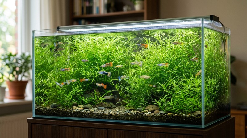 un acuario sano de agua totalmente cristalina lleno de guppy grass sana y frondosa, sin rastro de algas, cristal impecable