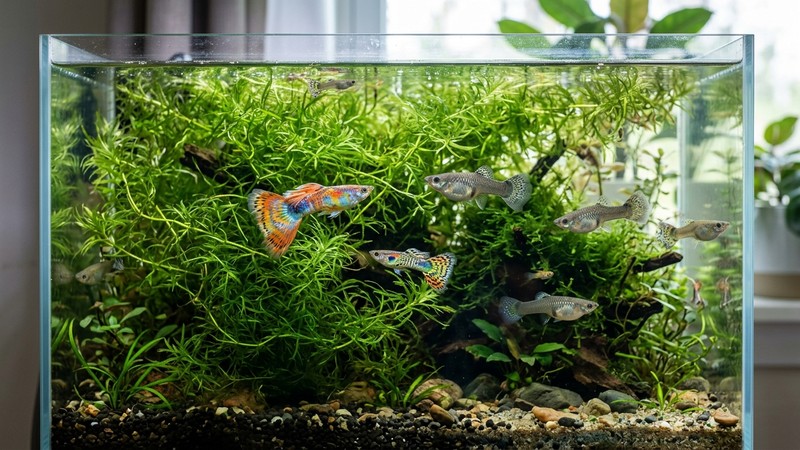 un acuario de cria plantado con abundante guppy grass y varios guppys adultos de colores nadando entre la vegetacion, agua clara