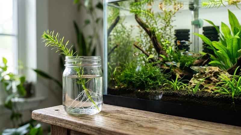 un frasco de vidrio con un trozo de guppy grass creciendo en agua, apoyado junto a un acuario plantado, ilustrando lo facil que enraiza