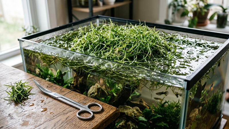 una mata de guppy grass invadiendo la superficie de un acuario y unas tijeras de acuario apoyadas al lado, en reposo sobre la mesa
