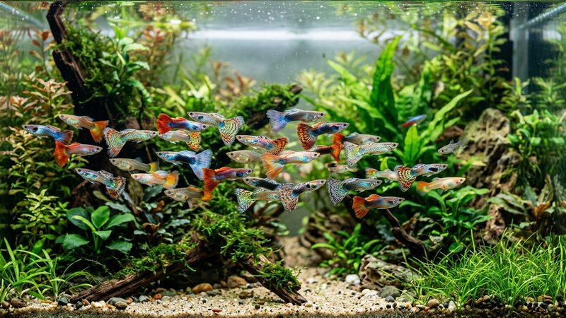un cardumen de guppys machos de colores muy vivos nadando en un acuario plantado de agua cristalina