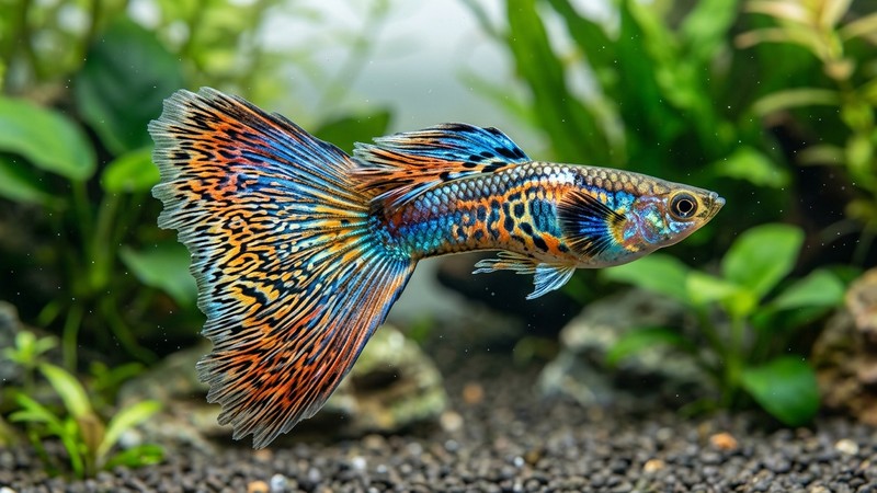 un primer plano de un guppy macho luciendo su cola grande y colorida en agua limpia