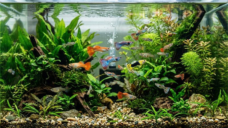 un acuario comunitario con muchos guppys de colores nadando entre plantas verdes