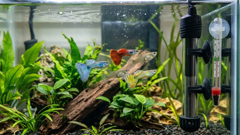guppys activos y sanos en un acuario templado con calentador y termómetro pegado al cristal