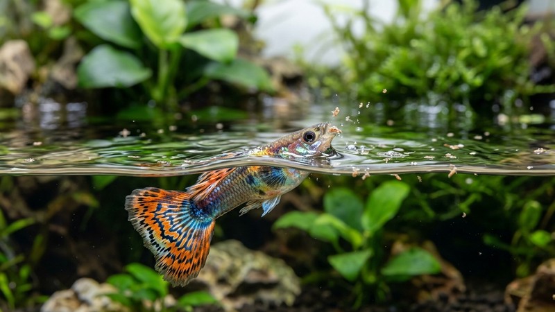 un guppy alimentándose de pequeñas partículas en la superficie del agua de un acuario