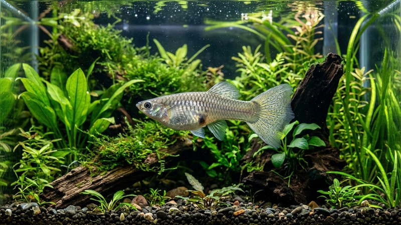 una hembra de guppy grande y sana nadando en un acuario bien plantado