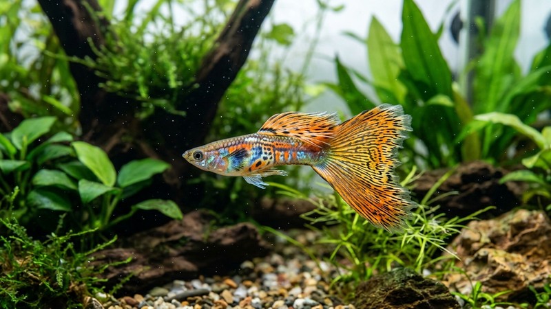 un guppy de cola larga y llamativa nadando en primer plano en agua cristalina