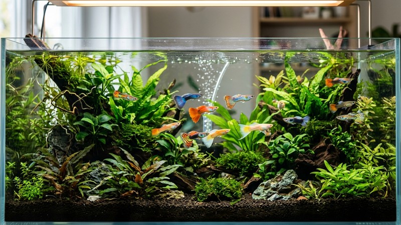 un acuario plantado lleno de guppys de colores vivos con agua cristalina